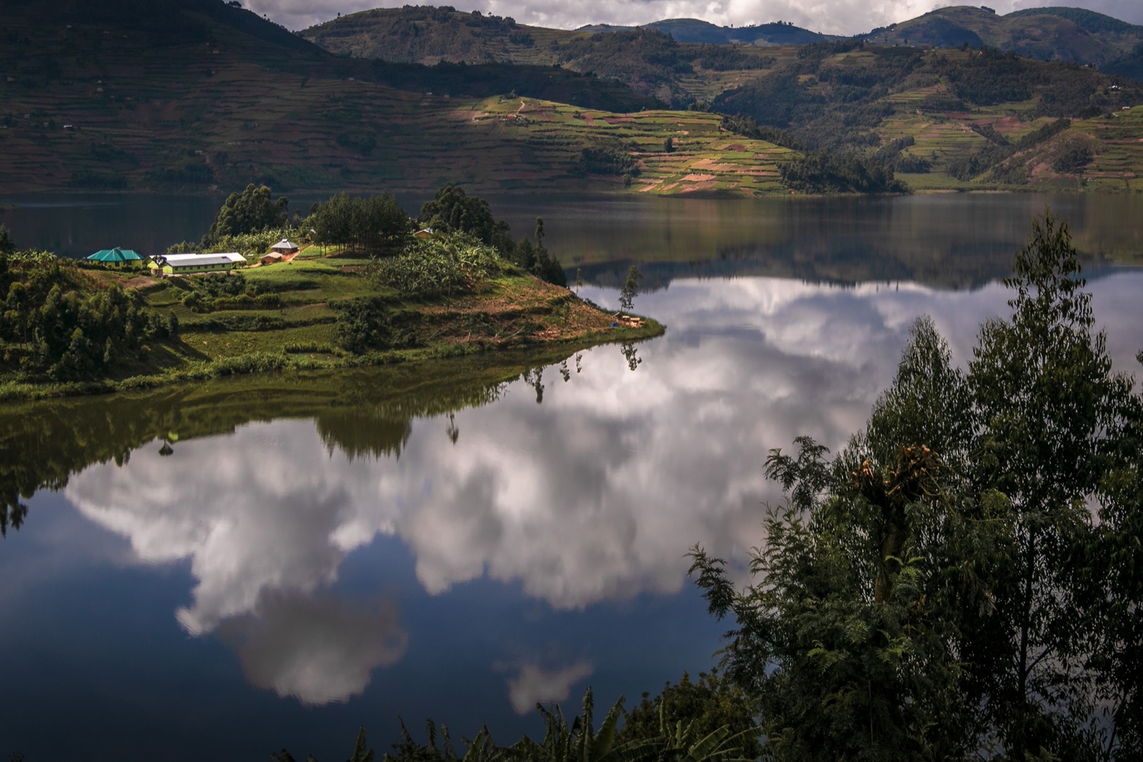 Uganda lake and highland scenery